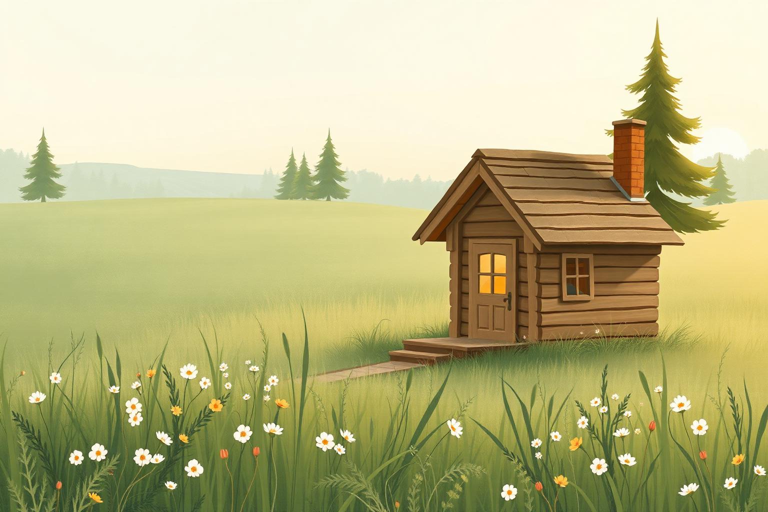 A cozy cabin in a peaceful meadow at golden hour